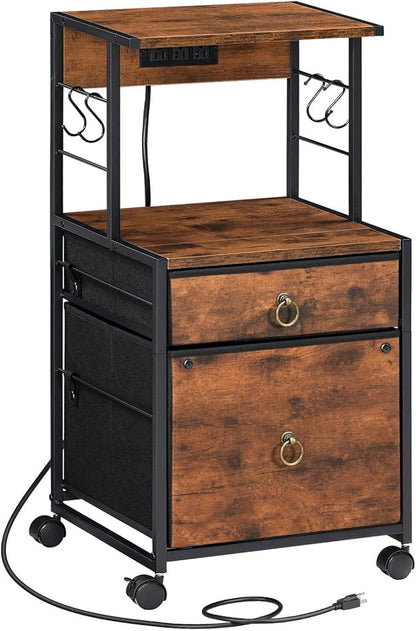 HOOBRO 2-Drawer File Cabinet, Filing Cabinet with Charging Station, Vertical Office Cabinet with Open Storage Shelf, Printer Stand, A4/Letter Size, Nonwovens Drawer, Rustic Brown BF23UWJ01