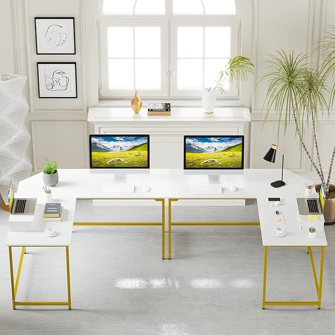 Elephance 59" L Shaped Desk Corner Computer Desk Gaming Table with Monitor Stand Workstation for Home Office (Large, White+ Gold Frame)