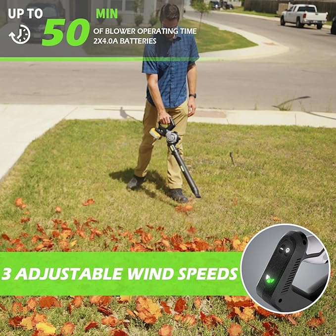 Cordless Leaf Blower, 2 x 21V 4.0Ah Battery and Charger, 3 Speed Mode, 160 MPH 180CFM Lightweight Battery Powered Leaf Blower for Lawn Care, Patio, Yard, Sidewalk,Snow Blowing