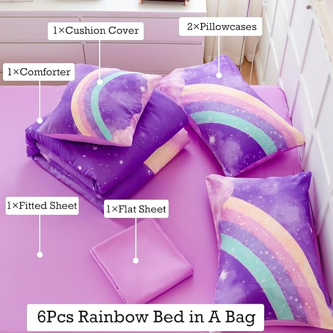 6 Pcs Kids Comforter Set Queen Size for Girls, 3D Colorful Rainbow Galaxy Bed in A Bag, Gradient Purple Glitter Bedding Comforter Collection for All Season
