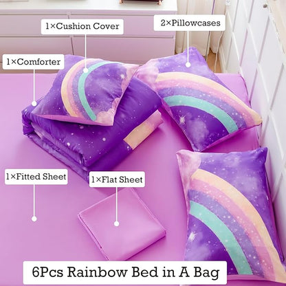 6 Pcs Kids Comforter Set Queen Size for Girls, 3D Colorful Rainbow Galaxy Bed in A Bag, Gradient Purple Glitter Bedding Comforter Collection for All Season