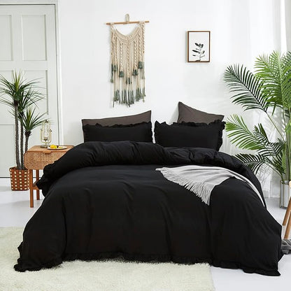 Black Ruffled Comforter Set Full Size Bedding Set Women Black Ruffles Blanket Men Black Ruffled Comforter Farmhouse Ruffle Fringe Design Girls 3 PCs Solid Black Ruffled Bedding Set