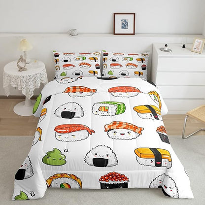 Sushi Pattern Comforter Set Japanese-Style Bedding Set for Kids Boys Girls Teens Food Theme Comforter Cute Cartoon Japanese Sushi Duvet Set Room Decor Quilt Set Full Size Microfiber