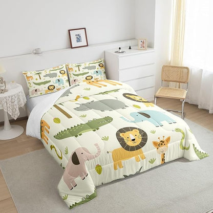 Feelyou Nursery Cute Wild Animals Bedding Set for Girls Boys Child Kids Cartoon Lion Giraffe Crocodile Comforter Decor Nature Wildlife Comforter Set Zoo Animal Theme Duvet Set Queen Size Quilt Set