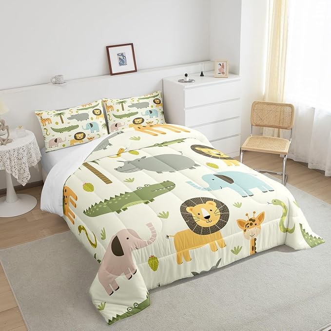 Feelyou Nursery Cute Wild Animals Bedding Set for Girls Boys Child Kids Cartoon Lion Giraffe Crocodile Comforter Decor Nature Wildlife Comforter Set Zoo Animal Duvet Set King Size Quilt Boys