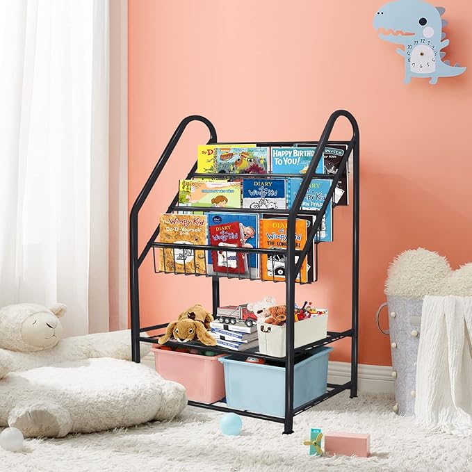 aboxoo Metal Kids Bookshelf Black Toy Chests & Organizers Large Freestanding for Children Toy Chests & OrganizersRoom 25 in Toy Organizer Large Stable Bookcase Bookstore Library Bed Living Room