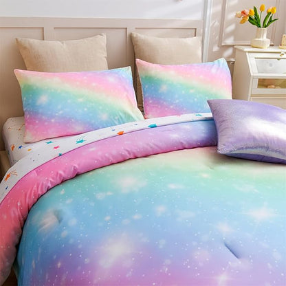 A Nice Night 6Pcs Gradient Glitter Bedding Set for Girls, Colorful Rainbow Galaxy Comforter Set, Ultra Soft Bedding Sets (Pink,Queen 6Pcs)