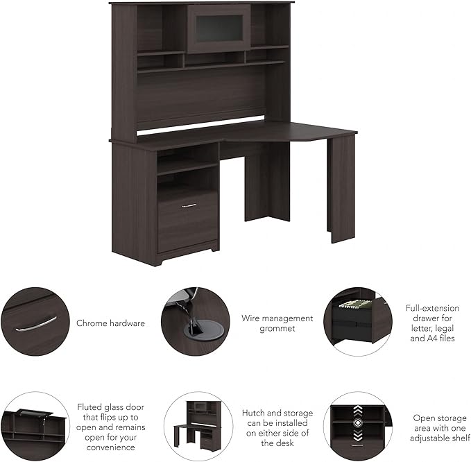 Bush Furniture Cabot 60W Corner Desk with Hutch in Heather Gray