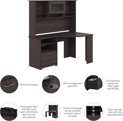 Bush Furniture Cabot 60W Corner Desk with Hutch in Heather Gray