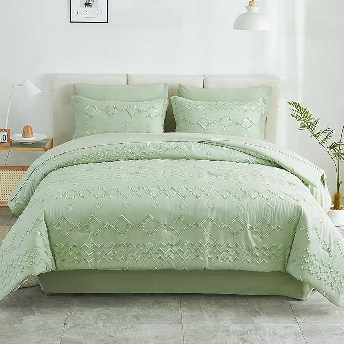 EMME Queen Comforter Set - 7 Pcs Sage Green Boho Bedding Sets, Full Size Tufted Comforter with Sheets, Shabby Chic Embroidery Queen Bed Set Fluffy Bed Bag for All Season(90"X90")