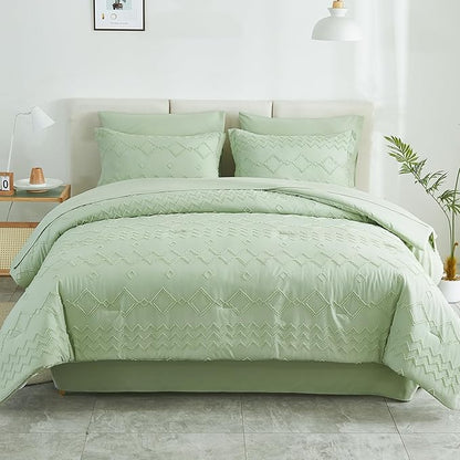 EMME Queen Comforter Set - 7 Pcs Sage Green Boho Bedding Sets, Full Size Tufted Comforter with Sheets, Shabby Chic Embroidery Queen Bed Set Fluffy Bed Bag for All Season(90"X90")