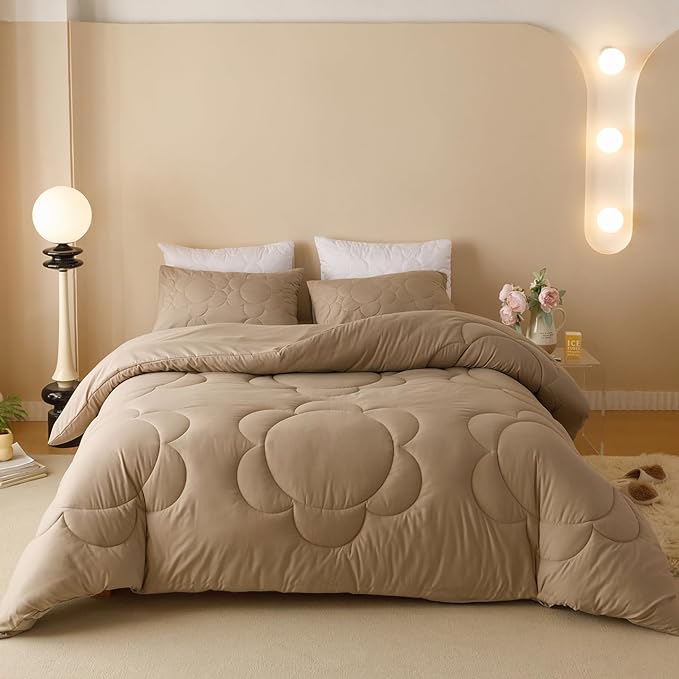 Champagne Flower Comforter King Champagne Sunflower Print Bed King Comforter Set 3 Pieces Champagne Floral Comforter Set for Women Girls Bedroom Decor All Season Hotel Quality Comforter Set