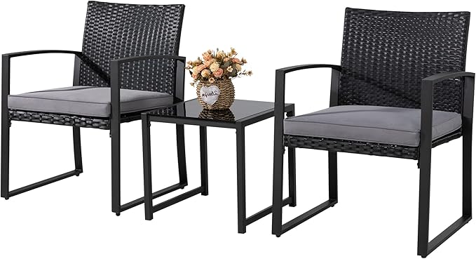 Shintenchi 3 Pieces Outdoor Patio Furniture Set, Modern Wicker Bistro Set, Conversation Rattan Chair of 2 with Coffee Table for Yard Porch Poolside Lawn(Grey Cushion)