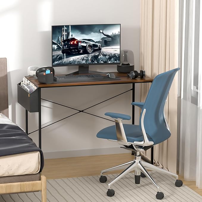 MoNiBloom 40 Inches Computer Desk with Storage Bag, Study Work Writing Table w/Metal Frame for Home Office, Walnut Color