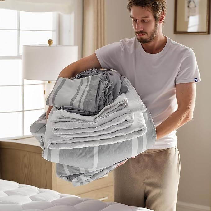 Bedsure Queen Comforter Set 7 Pieces, Grey White Striped Comforter for Queen Size Bed Reversible, Cationic Dyeing Bed in a Bag with Comforter, Sheets, Pillowcases & Shams