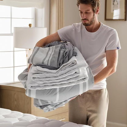 Bedsure Queen Comforter Set 7 Pieces, Grey White Striped Comforter for Queen Size Bed Reversible, Cationic Dyeing Bed in a Bag with Comforter, Sheets, Pillowcases & Shams