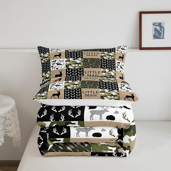 Kids Deer Antlers Animal Silhouettes Comforter Set King Size,Camo Geometric Lattices Bedding Set 3pcs for Adults Cabin Decor,Nordic Boho Arrows Quilt Set,Rustic Retro Green Duvet Insert,2 Pillowcases