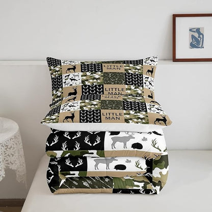 Kids Deer Antlers Animal Silhouettes Comforter Set King Size,Camo Geometric Lattices Bedding Set 3pcs for Adults Cabin Decor,Nordic Boho Arrows Quilt Set,Rustic Retro Green Duvet Insert,2 Pillowcases