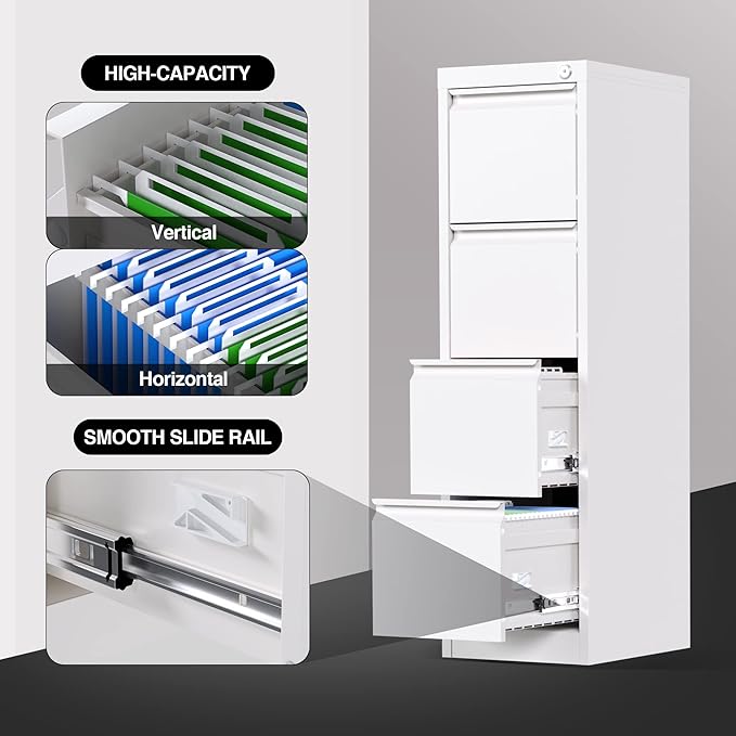 4 Drawer File Cabinet, Office Filing Cabinet with Lock/Drawer, Metal Vertical File Storage Cabinet for A4 Letter/Legal Size, 14.96" W x 17.72" D x 52.36" H, Assembly Required