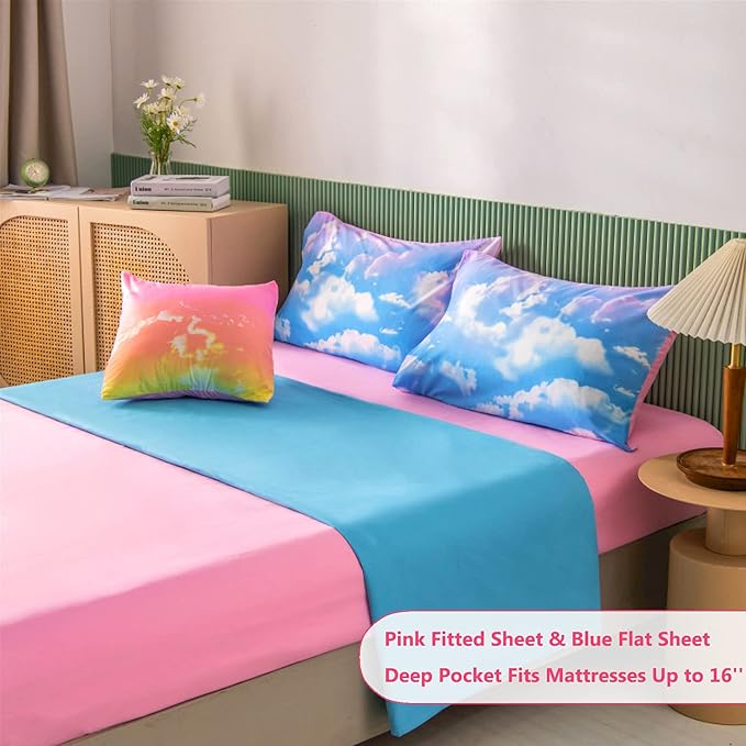 PERFEMET White Cloud Print Girls Comforter Set Queen Size 6 Pieces Teen Girl Tie Dye Bedding Set Colorful Rainbow Bed in A Bag Comforter Set with Sheets