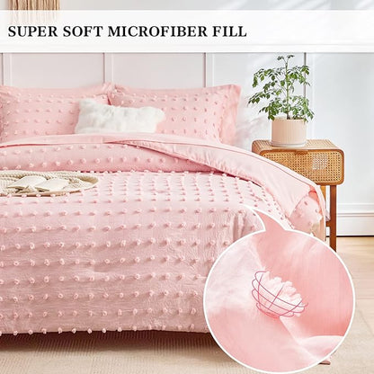 7 Pieces Tufted Dots Bed in a Bag Queen Comforter Set Girls Pink , Soft and Embroidery Shabby Chic Boho Comforters, Luxury Solid Color with Pom Pom Design, Jacquard Tufts Bedding Set for All Season