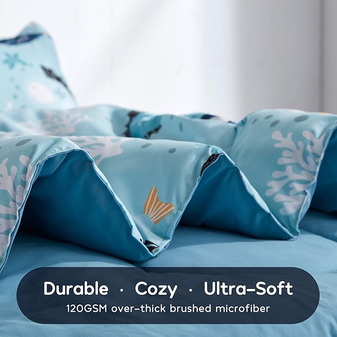 SLEEP ZONE Kids Bedding Comforter Set Full/Queen Size - Super Cute & Soft Kids Bedding 7 Pieces Set with Comforter, Sheet, Pillowcase & Sham (Little Fish)