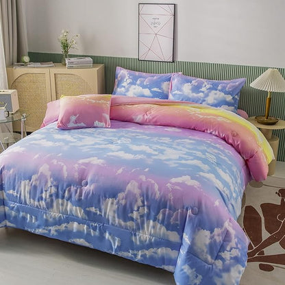 PERFEMET Full Size Bedding Sets for Girls, 6 Pieces Blue Sky and White Cloud Print Comforter Set Bed in A Bag, Rainbow Ombre Bedding Comforter Sets with Sheets (Cloud Pattern, Full)