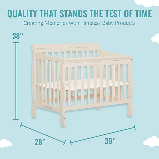 Aden 4-in-1 Convertible Mini Crib In French White, Greenguard Gold Certified, Non-Toxic Finish, New Zealand Pinewood, With 3 Mattress Height Settings