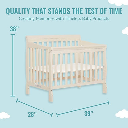 Aden 4-in-1 Convertible Mini Crib In French White, Greenguard Gold Certified, Non-Toxic Finish, New Zealand Pinewood, With 3 Mattress Height Settings