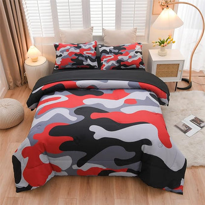 Meeting Story Camouflage Bedding Set, Colorful Pattern Style Comforter Set, 5 PCS One Comforter Two Pillowcases Two Sheets in One Bag, All Season Bedspread for Kids Teens Adults (Black, Twin 5Pcs)