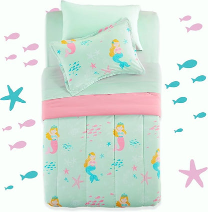 SLEEP ZONE Kids Bedding Comforter Set Full/Queen Size - Super Cute & Soft Kids Bedding 7 Pieces Set with Comforter, Sheet, Pillowcase & Sham (Mermaid Princess)
