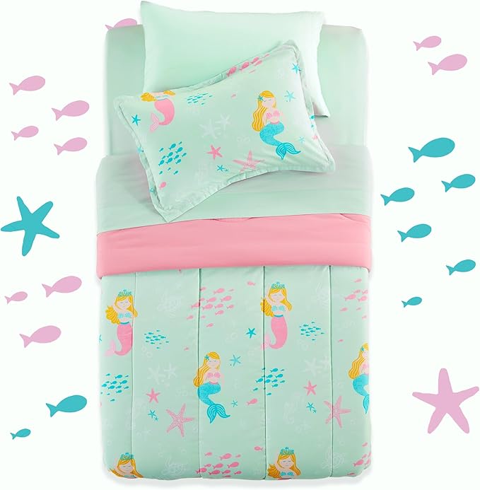 SLEEP ZONE Kids Twin Bedding Comforter Set - Super Cute & Soft Kids Bedding 5 Pieces Set with Comforter, Sheet, Pillowcase & Sham (Mermaid Princess)