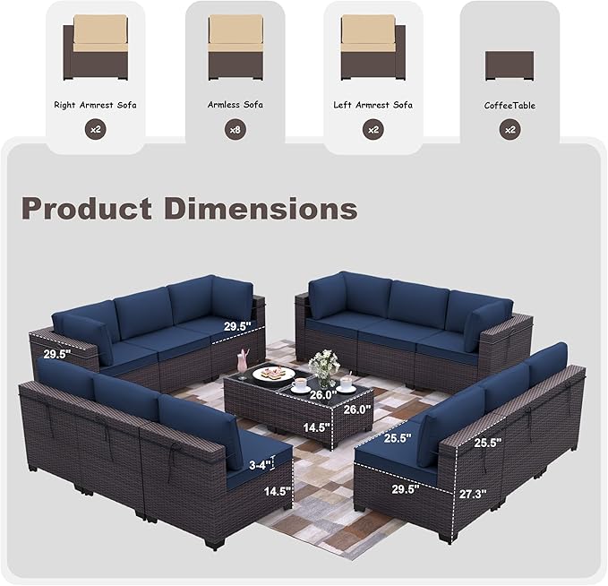 Patio Furniture Set 14-Piece Outdoor Furniture for Backyard Wicker Sectional Sofa Set, PE Rattan Patio Conversation Set 12 Seat with Thickened Cushions and Glass Coffee Tables, Navy Blue