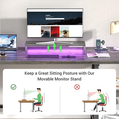armocity Computer Desk with LED Lights, Reversible Desk with Power Outlet, 55'' Desk with Storage Shelves, Gaming Desk with Moveable Monitor Stand and Storage Bag for Home Office Workstation, Grey