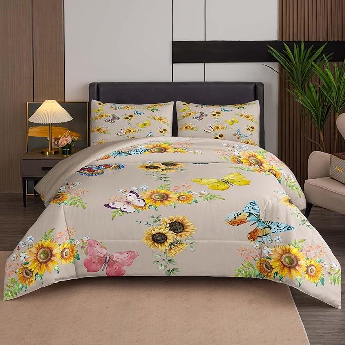 Tailor Shop Sunflower Comforter Sets Twin Size,Sunflower Bedding Sets for Teens Kids Butterflies Comforter Sets,Butterfly Bedding Sets Vintage Yellow Flowers Bedding Sets with 1 Pillowcases