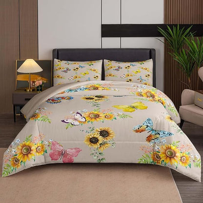 Tailor Shop Sunflower Comforter Sets Full Size,Sunflower Bedding Sets for Teens Kids Butterflies Comforter Sets,Butterfly Bedding Sets Vintage Yellow Flowers Bedding Sets with 2 Pillowcases