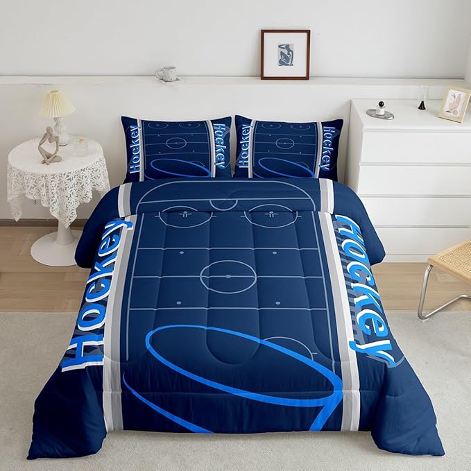Feelyou Kids Hockey Player Comforter Set Queen Size Ice Hockey Bedding Set for Boys Girls Teens Bedroom Decor Ice Sports Games Comforter Puck Hockey Duvet Set with 2 Pillow Case