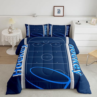 Feelyou Kids Hockey Player Comforter Set Queen Size Ice Hockey Bedding Set for Boys Girls Teens Bedroom Decor Ice Sports Games Comforter Puck Hockey Duvet Set with 2 Pillow Case