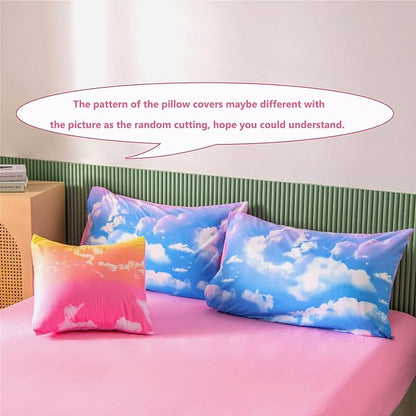 PERFEMET White Cloud Print Girls Comforter Set Queen Size 6 Pieces Teen Girl Tie Dye Bedding Set Colorful Rainbow Bed in A Bag Comforter Set with Sheets