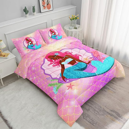 Datura home Bedding Comforter Set Black Girl Magic Mermaid Printed Pattern Quilt with 1 and 2 Pillowcases for Girls Bedroom All Season(Black Pink Full) Full 80x90inches