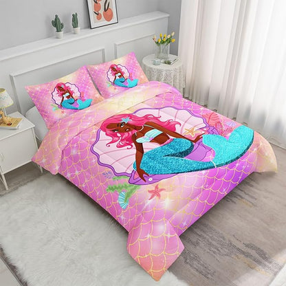 Datura home Bedding Comforter Set Black Girl Magic Mermaid Printed Pattern Quilt with 1 and 2 Pillowcases for Girls Bedroom All Season(Black Pink Twin) Twin 68x86inches