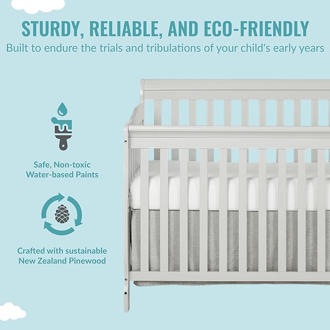 Ashton 4-In-1 Convertible Crib In Grey, Greenguard Gold, JPMA Certified, Non-Toxic Finishes, Features 4 Mattress Height Settings, Made Of Solid Pinewood