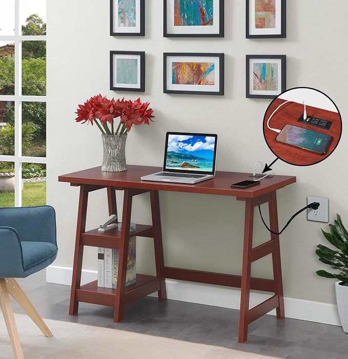 Convenience Concepts Designs2Go Trestle Desk with Charging Station and Shelves, Cherry