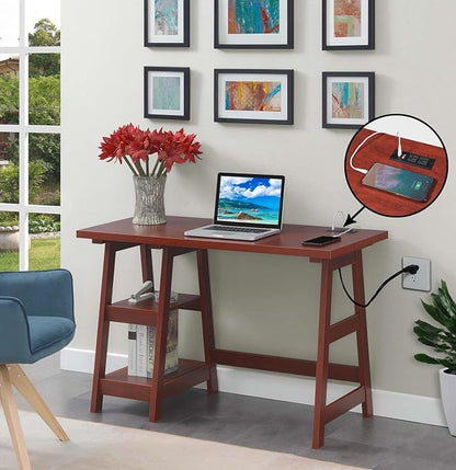 Convenience Concepts Designs2Go Trestle Desk with Charging Station and Shelves, Cherry