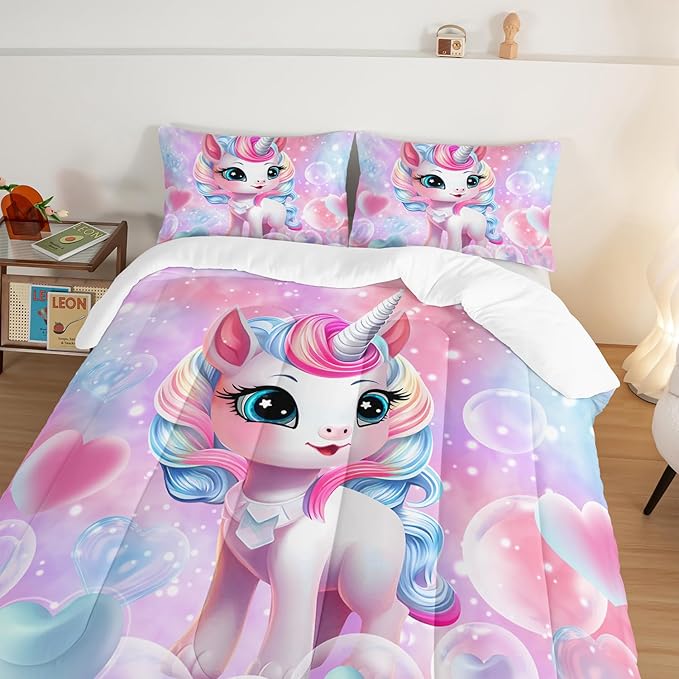 HOSIMA Unicorn Bedding Sets for Girls Teens,Cartoon Kawaii Unicorn Comforter Bubble and Love Heart Bedding Set,Fantasy Unicorn Bedroom Decor for Girls Pink Purple Full Size Bed in a Bag Set.