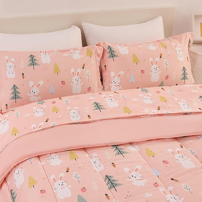 Pink Bunny Kids Comforter Set for Girls Twin, Cute Reversible Quilted Printed Woodland Bedding Set with Pillow Sham, Lightweight Soft Breathable Machine Washable Bed Set 2 Piece