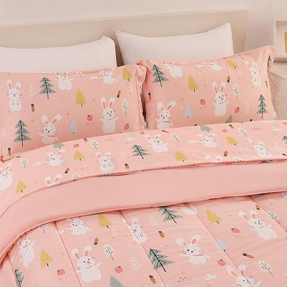 Pink Bunny Kids Comforter Set for Girls Twin, Cute Reversible Quilted Printed Woodland Bedding Set with Pillow Sham, Lightweight Soft Breathable Machine Washable Bed Set 2 Piece