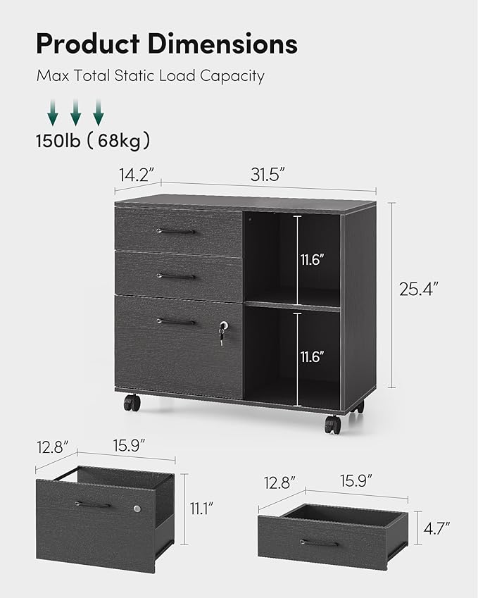 FEZIBO 3-Drawer Mobile File Cabinet, Lateral Filing Cabinet with Lock, Printer Stand with Open Storage Shelves for Home Office, Filing Cabinets for Home Office, Black