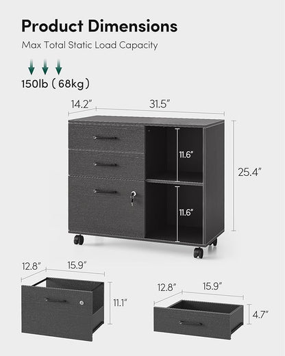 FEZIBO 3-Drawer Mobile File Cabinet, Lateral Filing Cabinet with Lock, Printer Stand with Open Storage Shelves for Home Office, Filing Cabinets for Home Office, Black