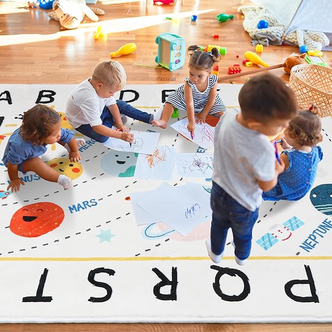 Soft ABC Kids Rug,110.2x78.7 in Washable Large Classroom Rug,Non-Slip Educational Kids Room Rug,Cute Solar System Playroom Area Rug for Classroom Playroom Bedroom Kids Room Decor